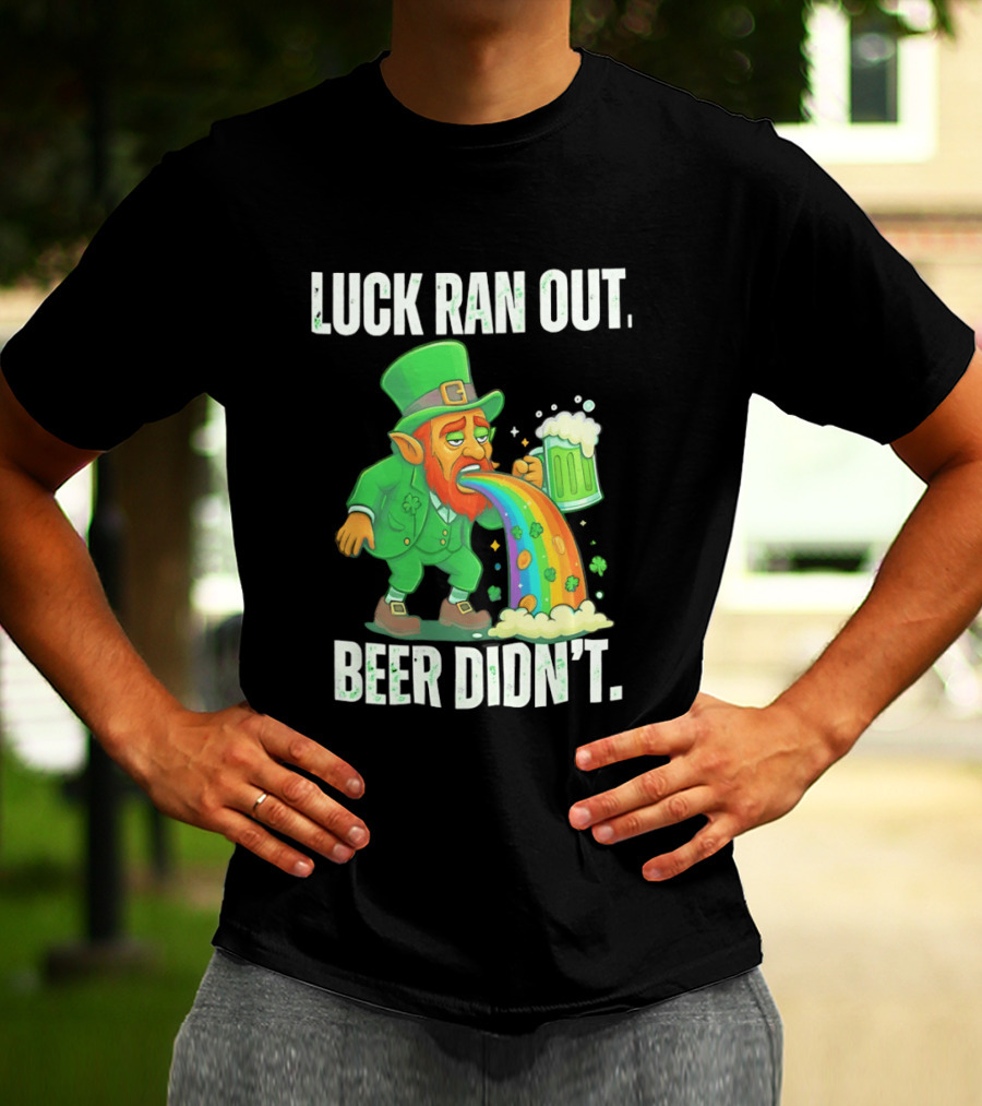 Leprechaun Drinking Beer Vomiting Rainbow Luck Ran Out St. Patrick's Day T-Shirt
