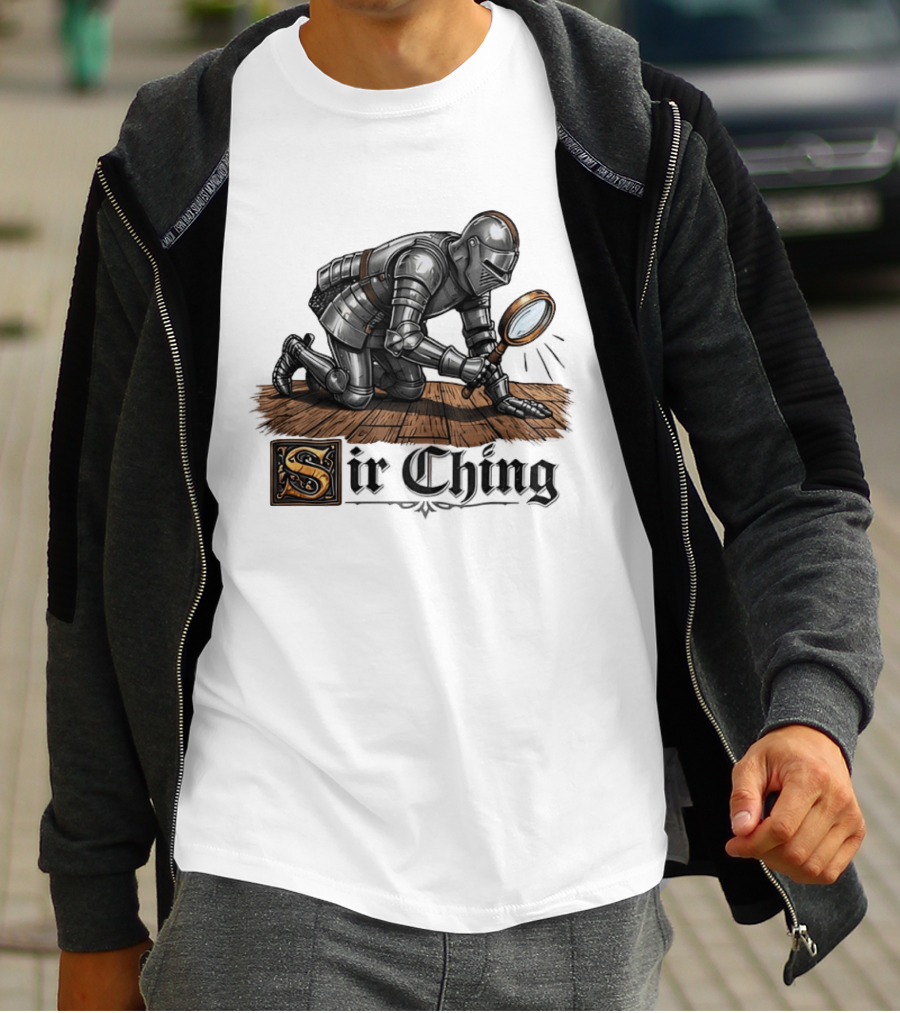 Sir Ching Medieval Knight With Magnifying Glass On Wooden Floor T-Shirt