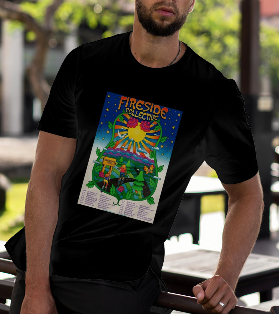 Fireside Collective Spring Tour 2026 Vibrant Cycling Adventure In Scenic Nature Landscape With Sunburst And Stars T-Shirt