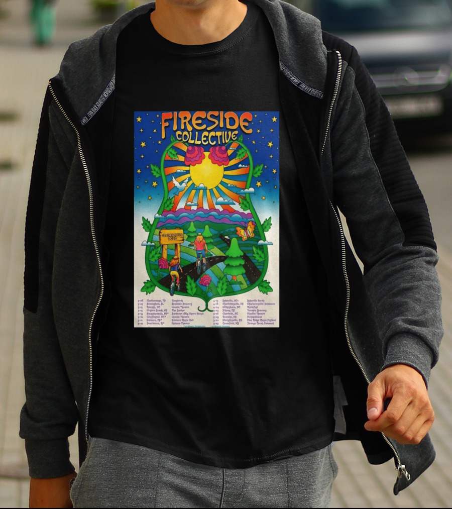 Fireside Collective Spring Tour 2026 Vibrant Cycling Adventure In Scenic Nature Landscape With Sunburst And Stars T-Shirt