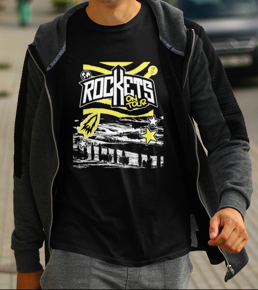 Rockets On Tour Yellow Stars Rocketship Waves Planet T-Shirt