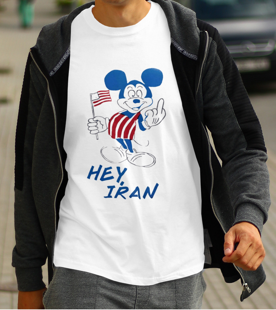 Mickey Mouse Hey Iran Middle Finger USA Flag T-Shirt