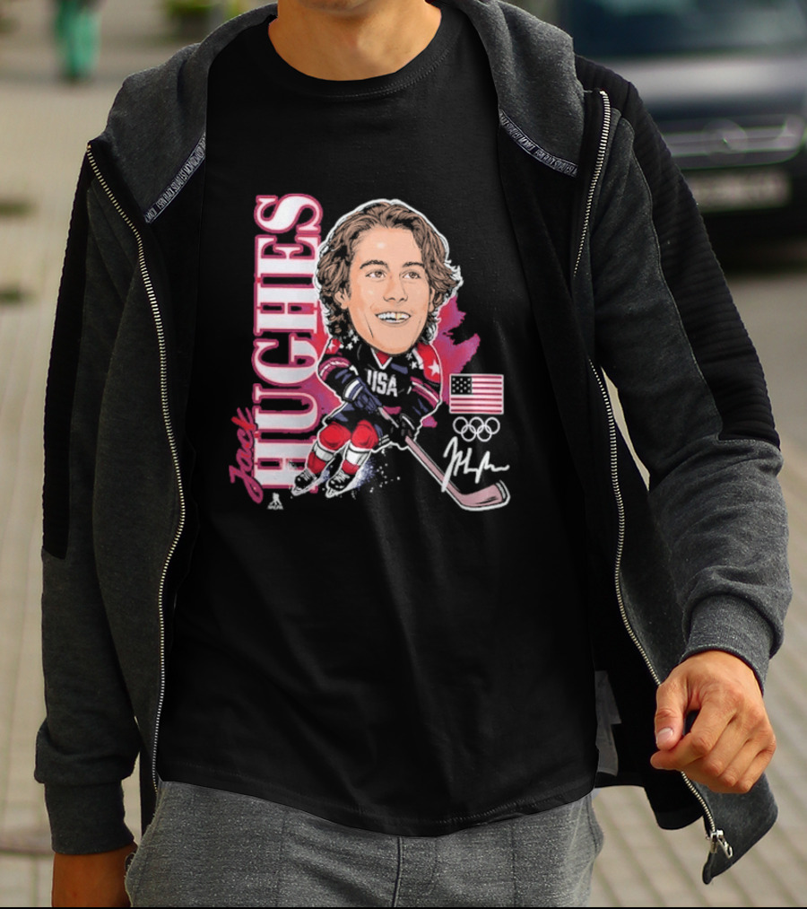 USA Hockey Jack Hughes Olympic Gold Medal Caricature With American Flag And Signature T-Shirt