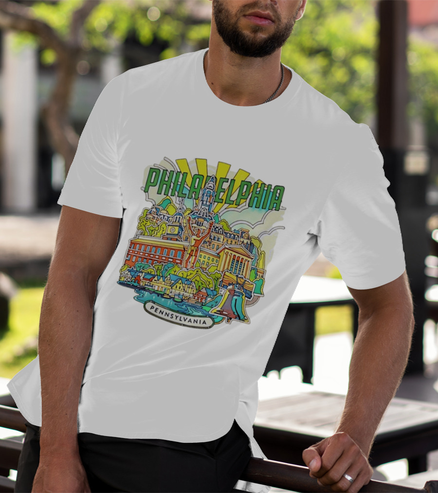 Philadelphia Pennsylvania Skyline Landmark Icons Liberty Bell Art Deco T-Shirt