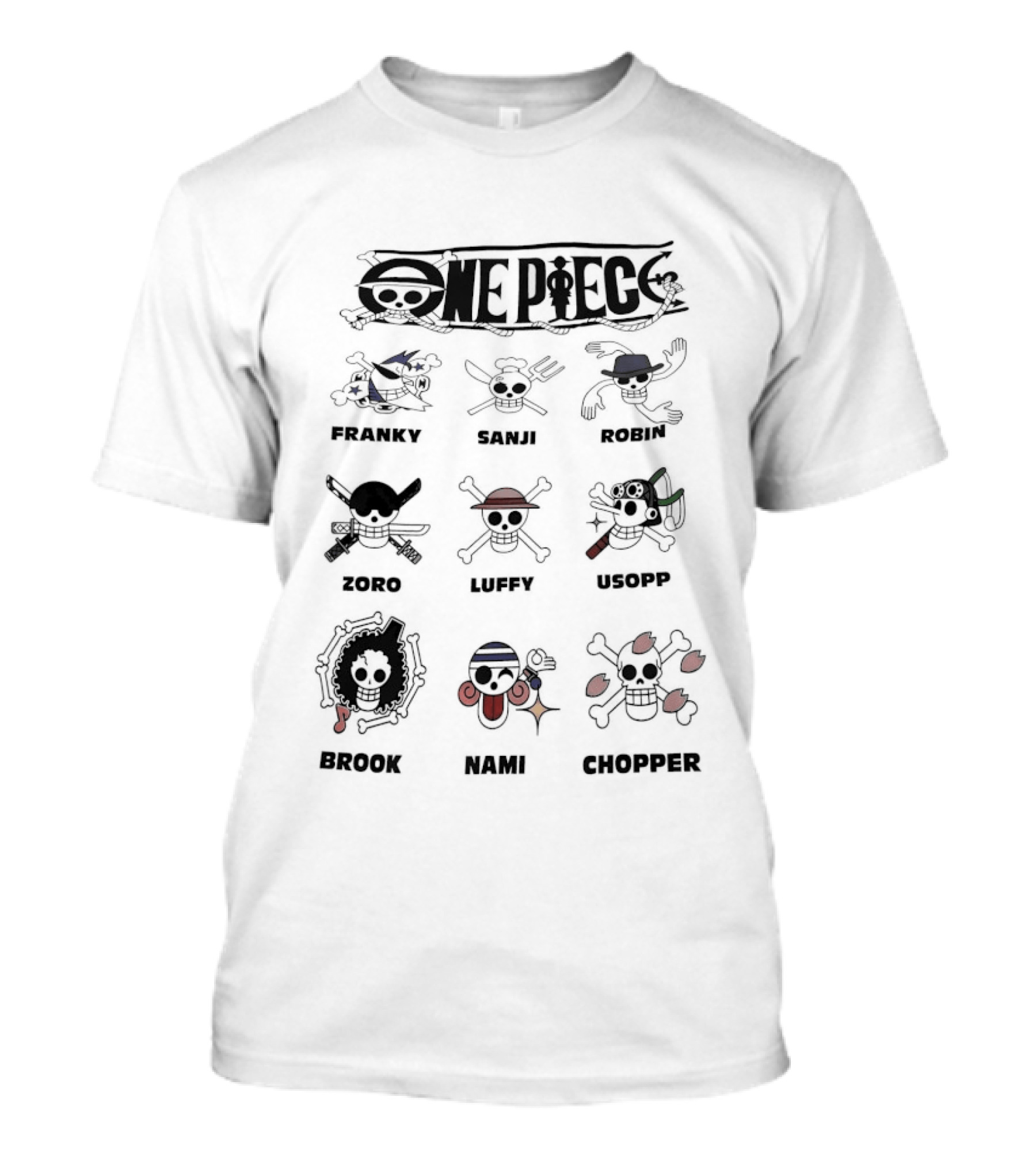 One Piece Straw Hat Crew Jolly Rogers Luffy Zoro Chopper Anime Flag Names T-Shirt