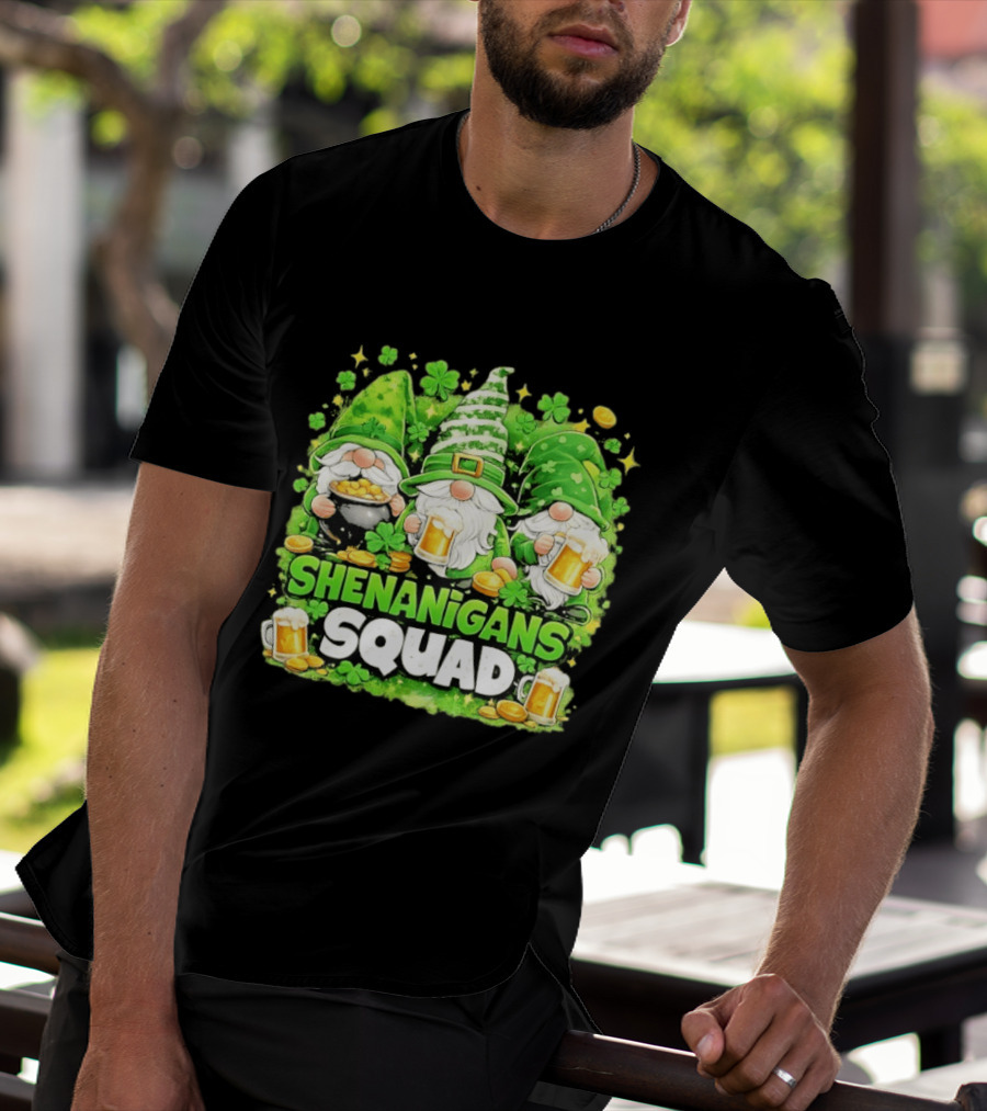 Shenanigans Squad St Patrick's Day Irish Gnomes Beer S And Clover Coins T-Shirt