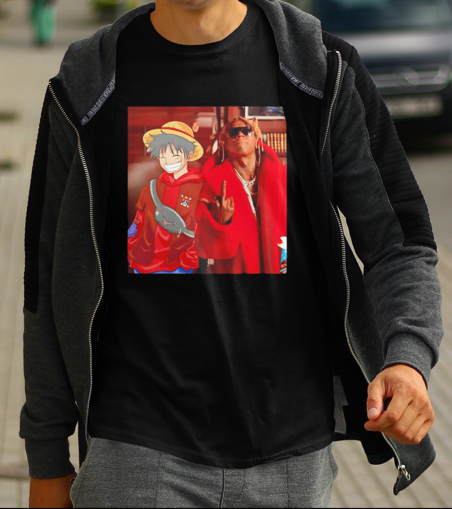 Lil Gum Monkey D. Luffy And Rapper Red Coat Outfit Fusion T-Shirt