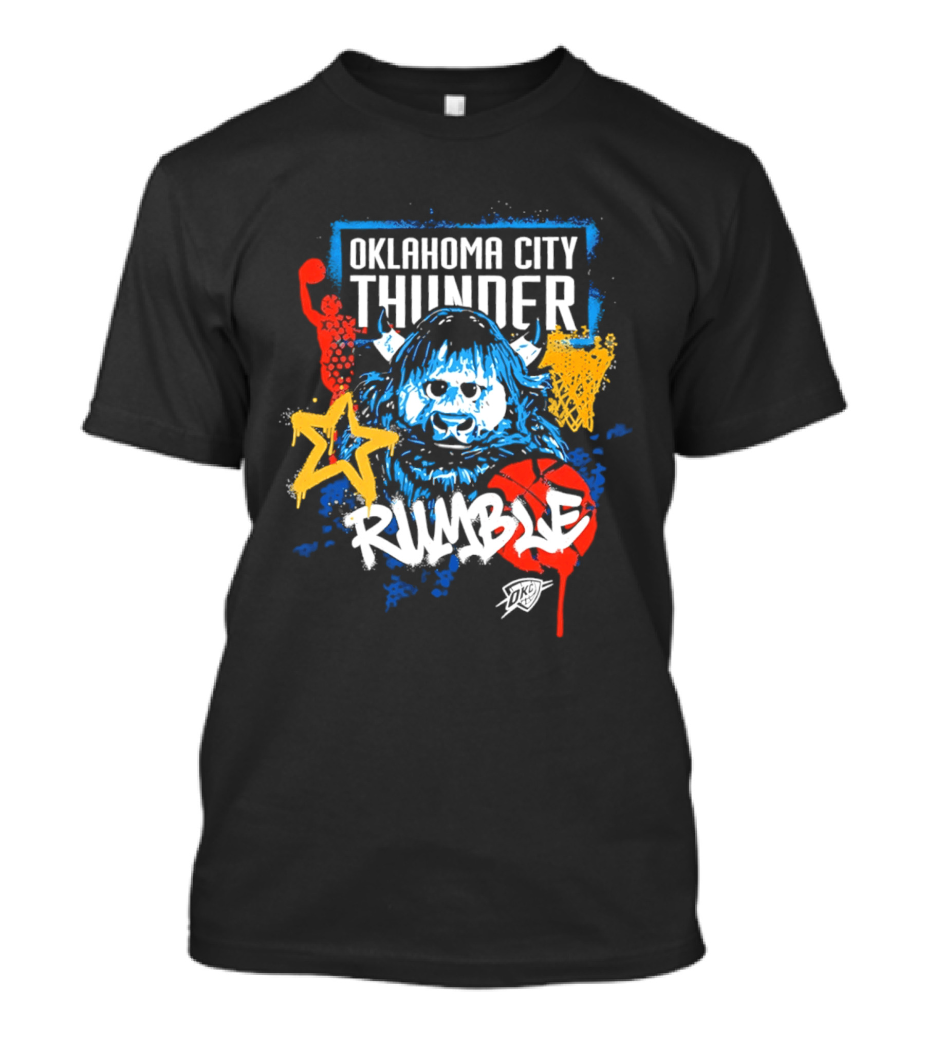 Oklahoma City Thunder Rumble Mascot Art With Stars And Paint Splatters T-Shirt
