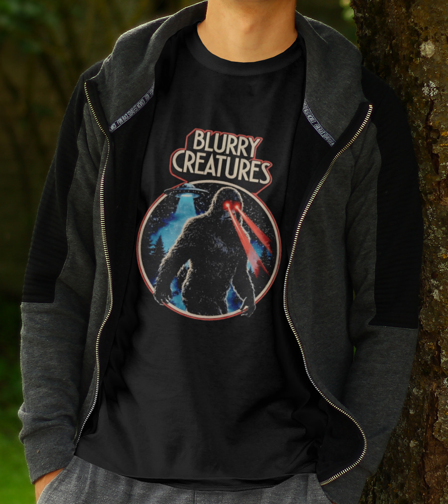 Blurry Creatures Bigfoot Laser Eyes UFO Forest T-Shirt