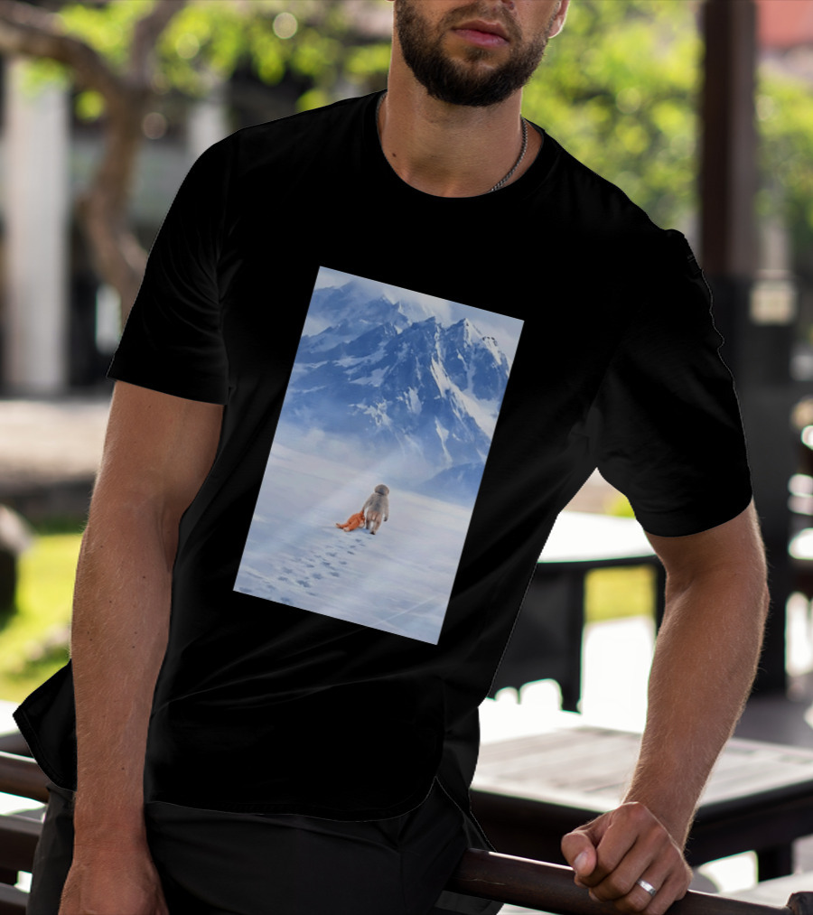 Monkey Holding Stuffed Monkey Alone Walking In Snowy Mountains T-Shirt