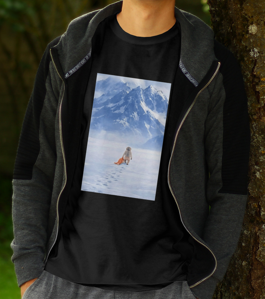 Monkey Holding Stuffed Monkey Alone Walking In Snowy Mountains T-Shirt