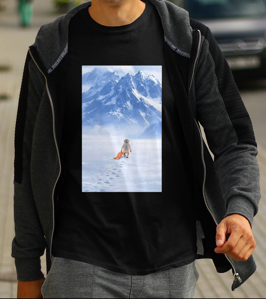 Monkey Holding Stuffed Monkey Alone Walking In Snowy Mountains T-Shirt
