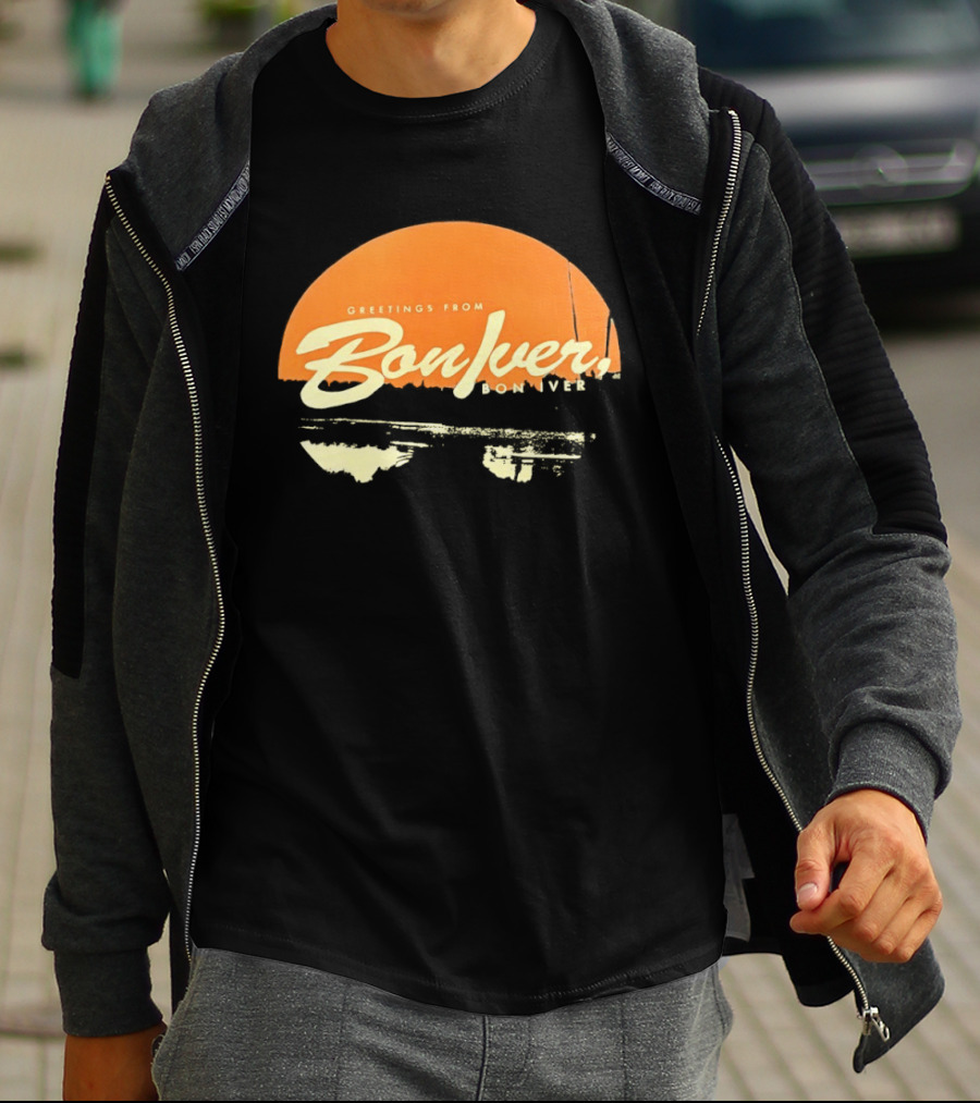 Greetings From Bon Iver Boniver Text Semi Circle Orange T-Shirt