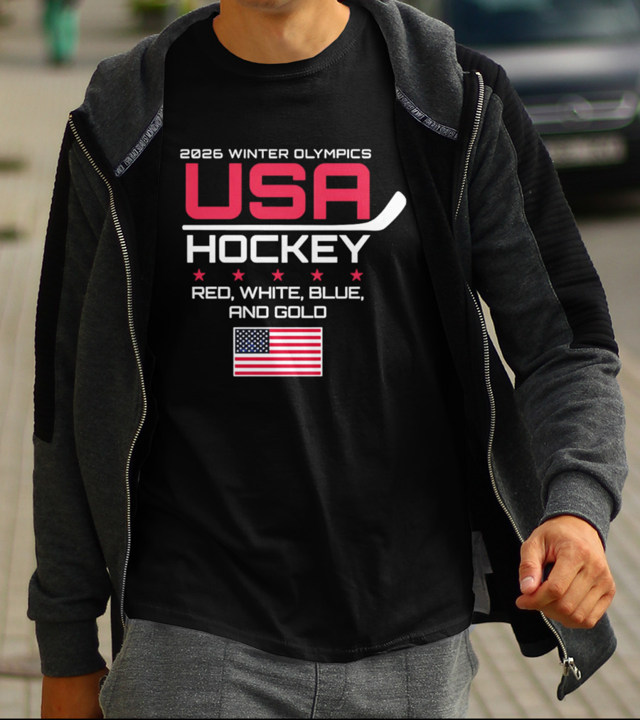 2026 Winter Olympics USA Hockey Red White Blue And Gold American Flag T-Shirt