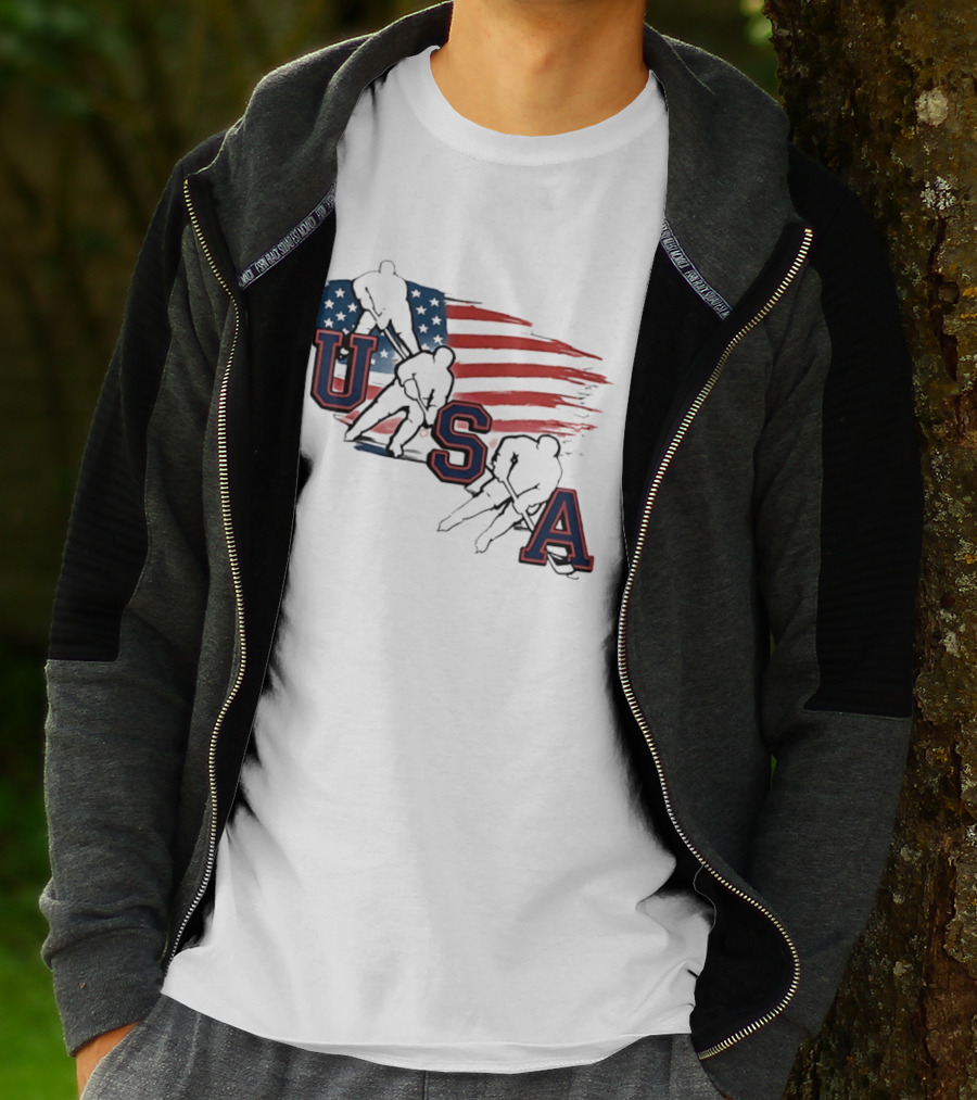 USA Olympic Gold Medal Hockey American Flag Hockey Players T-Shirt