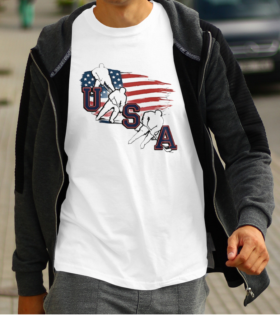 USA Olympic Gold Medal Hockey American Flag Hockey Players T-Shirt