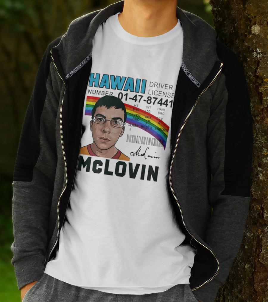 Hawaii Driver License McLovin Superbad Number 01 47 87441 Rainbow T-Shirt