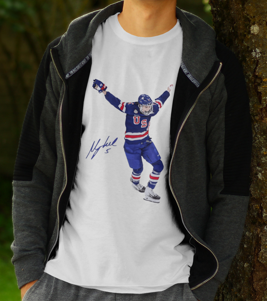 USA Team Hockey Megan Keller Blue Uniform Celebration T-Shirt