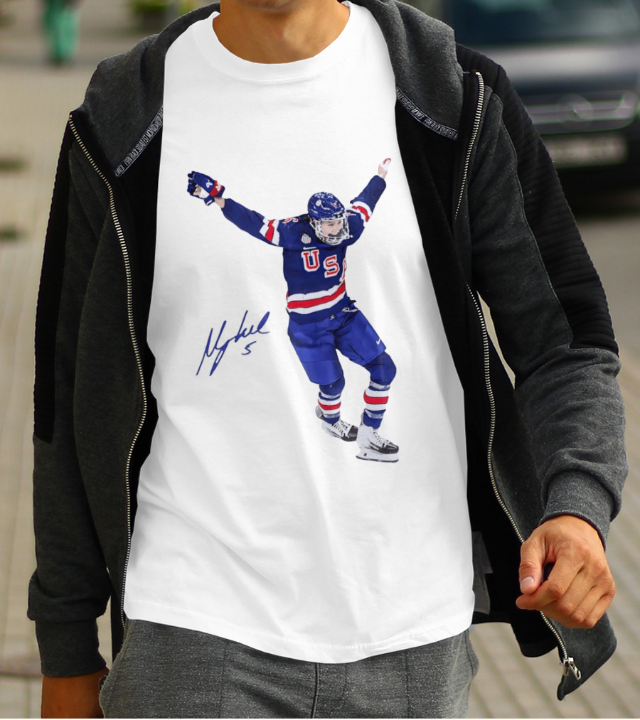 USA Team Hockey Megan Keller Blue Uniform Celebration T-Shirt