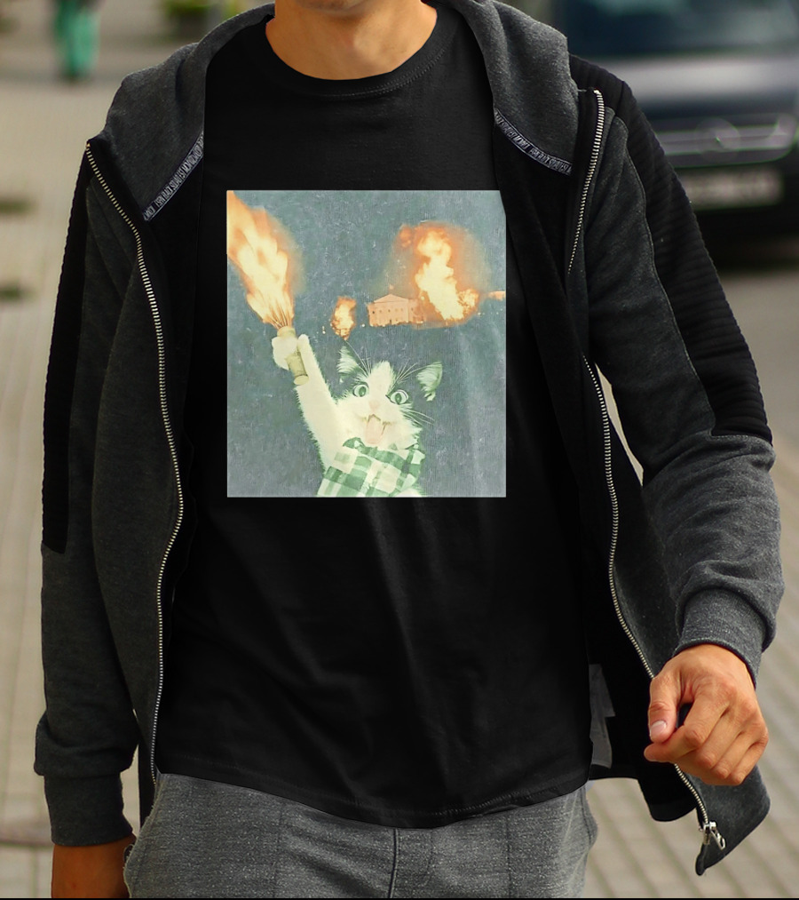 Rebellious Cat Riot Scene With Flaming T-Shirt