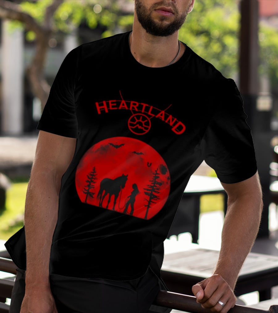 Heartland Ranch Red Moon Horse And Human Silhouette With Trees And Bats T-Shirt