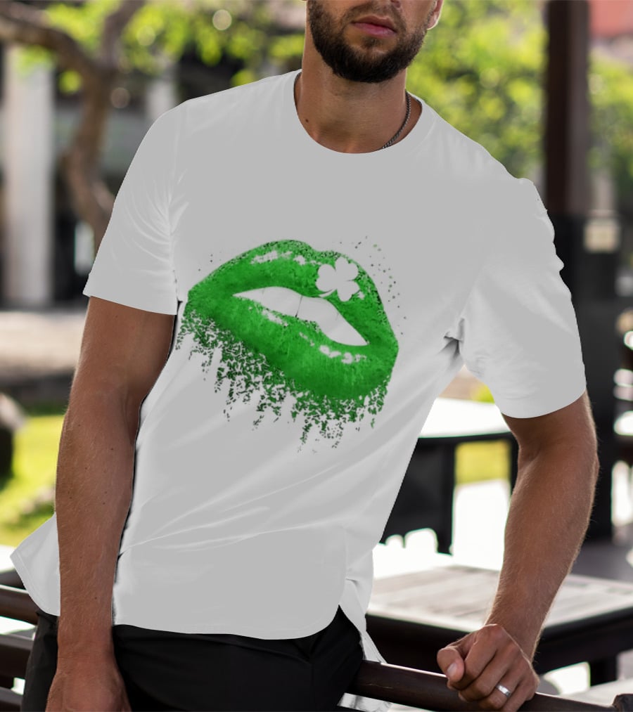 St Patrick's Day Green Lips Shamrock Shape T-Shirt