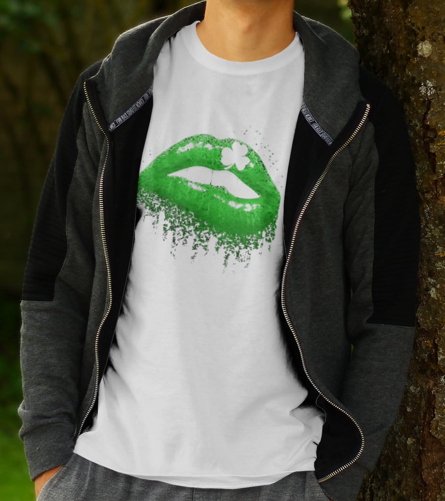 St Patrick's Day Green Lips Shamrock Shape T-Shirt