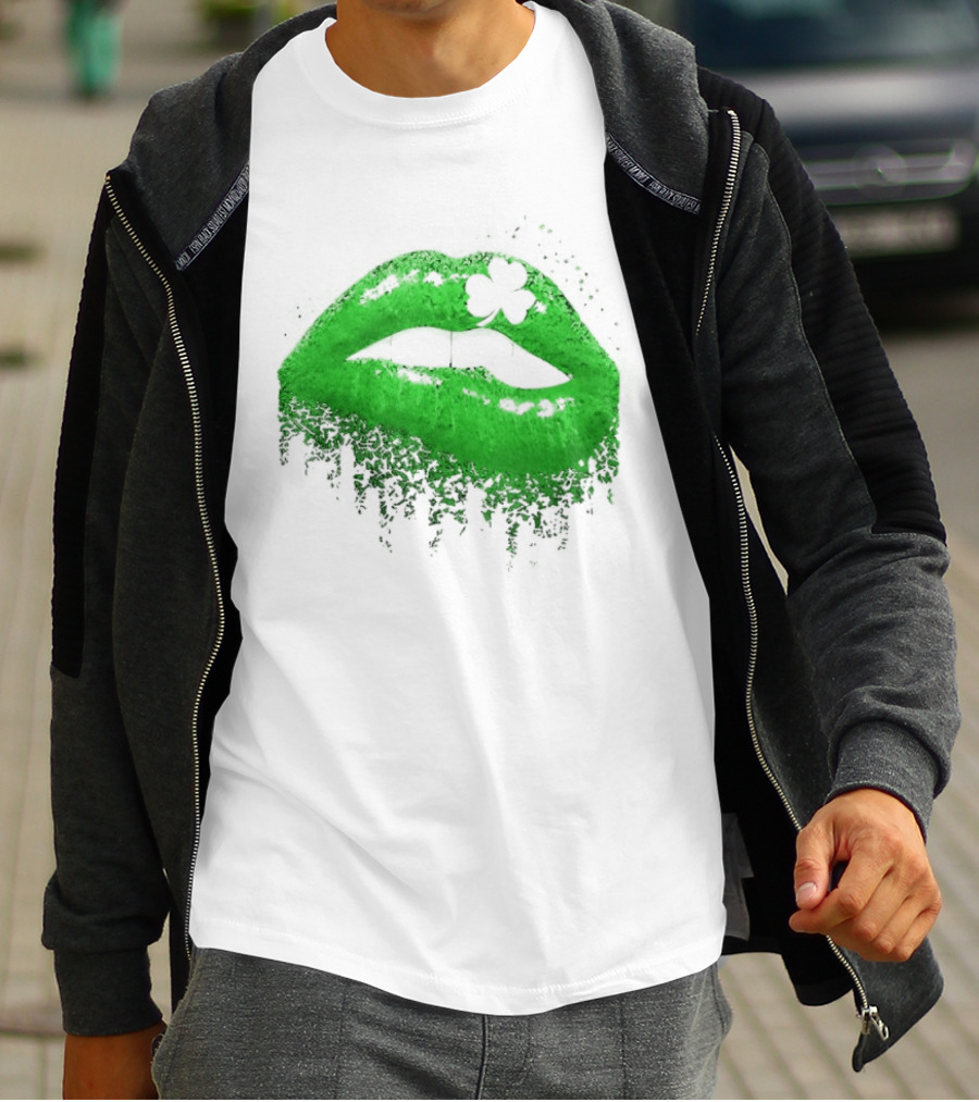 St Patrick's Day Green Lips Shamrock Shape T-Shirt