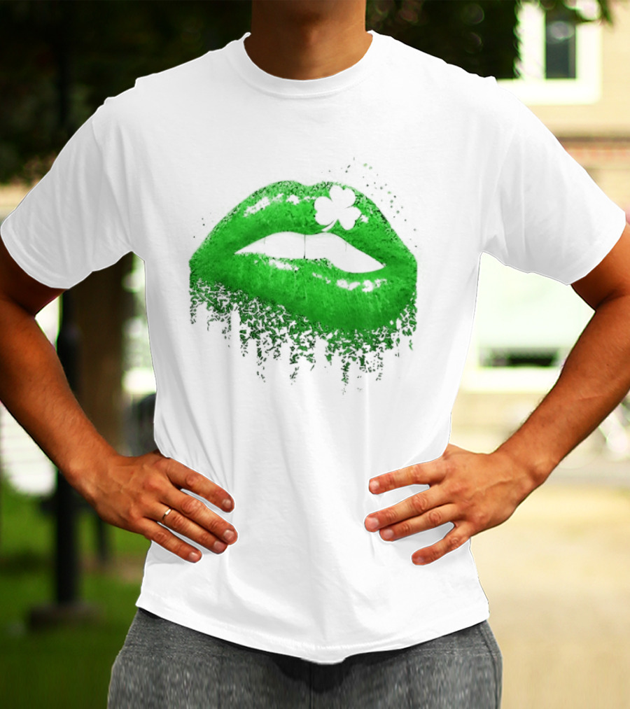 St Patrick's Day Green Lips Shamrock Shape T-Shirt