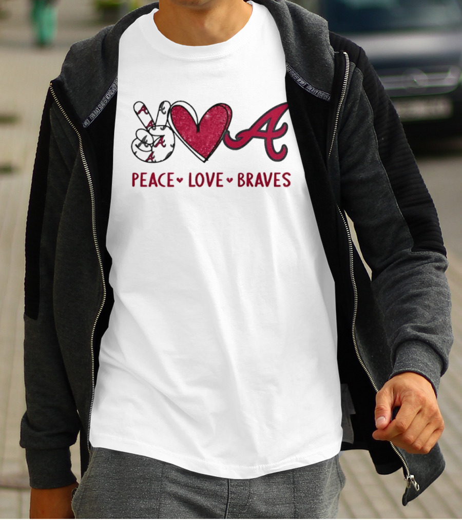Atlanta Braves Peace Love Hand Sign Heart Shape T-Shirt