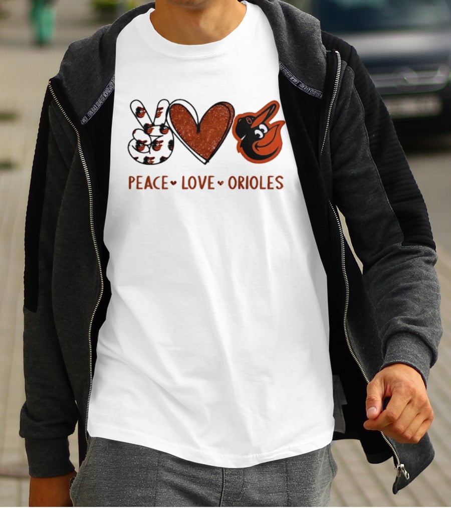 Peace Love Orioles Hand Sign Heart Shape Baltimore Orioles T-Shirt