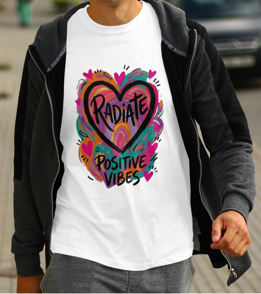 Radiate Positive Vibes Colorful Heart Shape T-Shirt