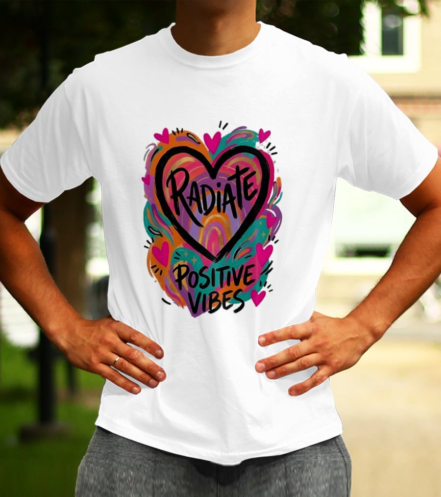 Radiate Positive Vibes Colorful Heart Shape T-Shirt