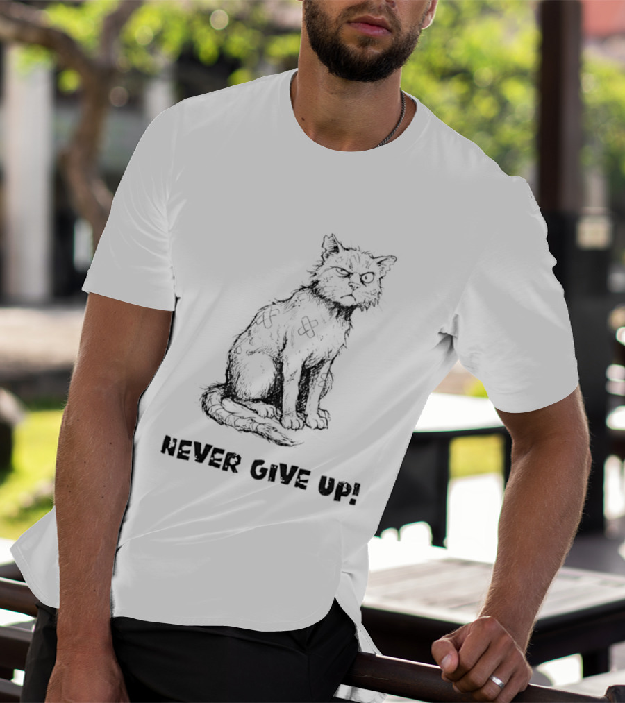 Cat Never Give Up Resilient Sketch Cat T-Shirt