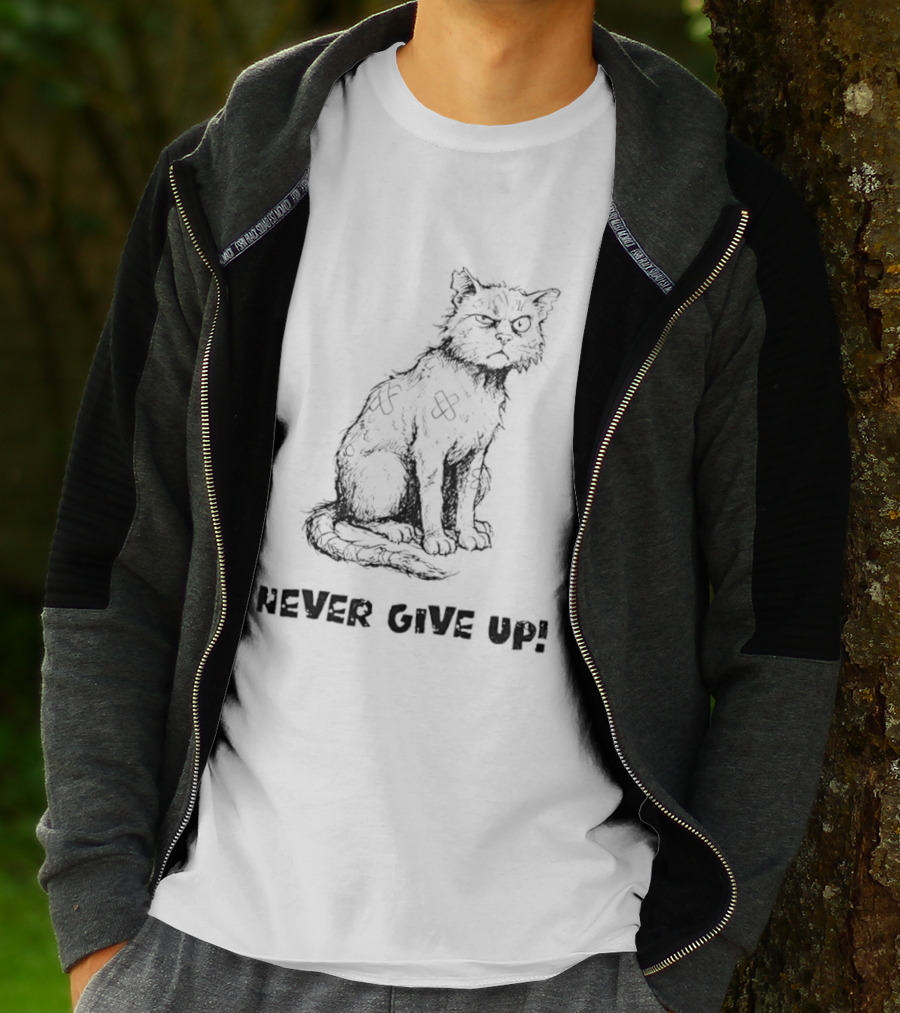Cat Never Give Up Resilient Sketch Cat T-Shirt