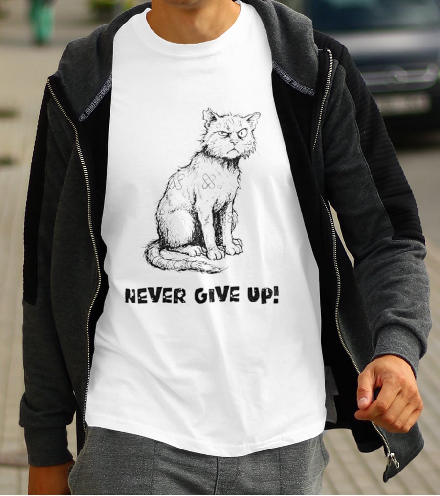 Cat Never Give Up Resilient Sketch Cat T-Shirt