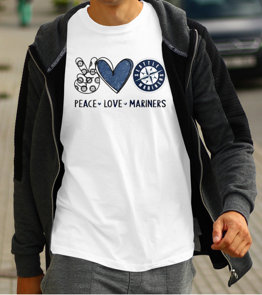 Peace Love Seattle Mariners Hand Sign Heart Shape T-Shirt