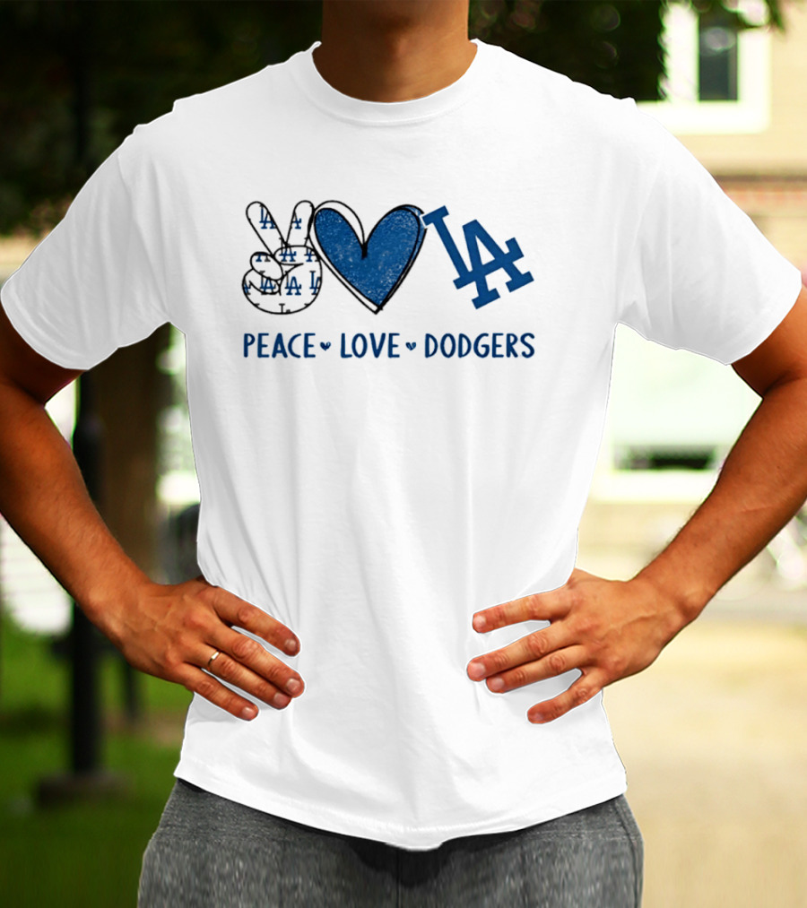 Peace Love LA Dodgers Hand Sign Heart Shape T-Shirt