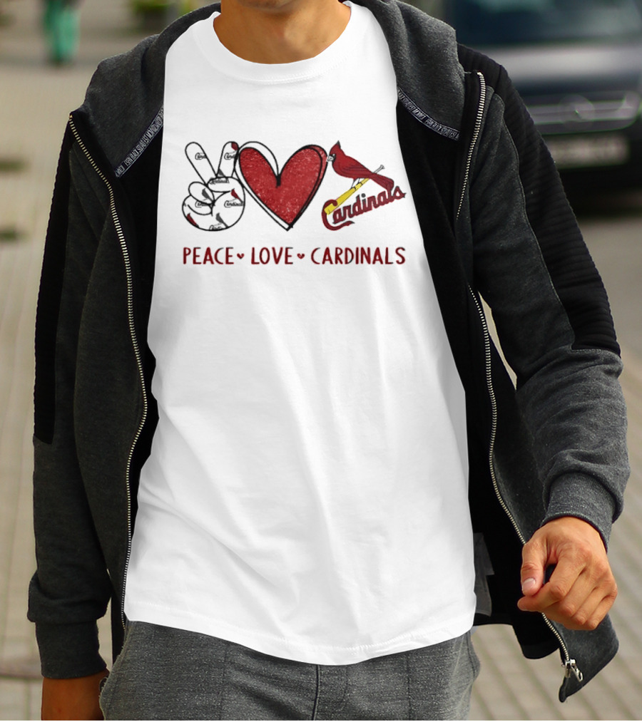 Peace Love Cardinals Hand Sign Heart Shape St Louis Cardinals T-Shirt
