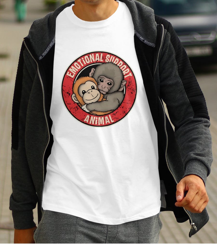 Emotional Support Animal Monkey Punch Hugging Sticker T-Shirt