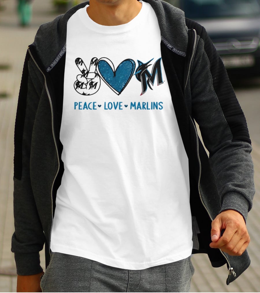 Peace Love Miami Marlins Hand Sign Heart Shape T-Shirt