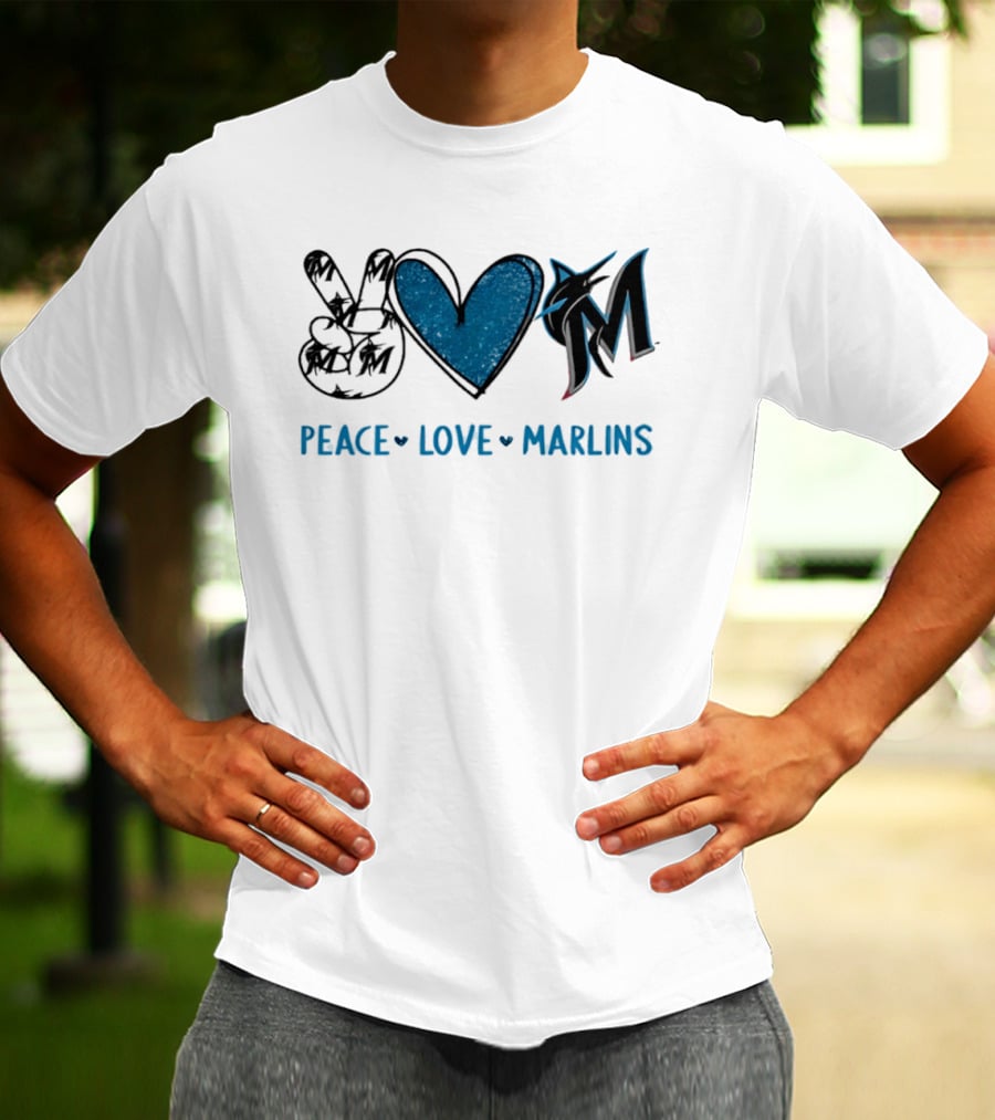 Peace Love Miami Marlins Hand Sign Heart Shape T-Shirt
