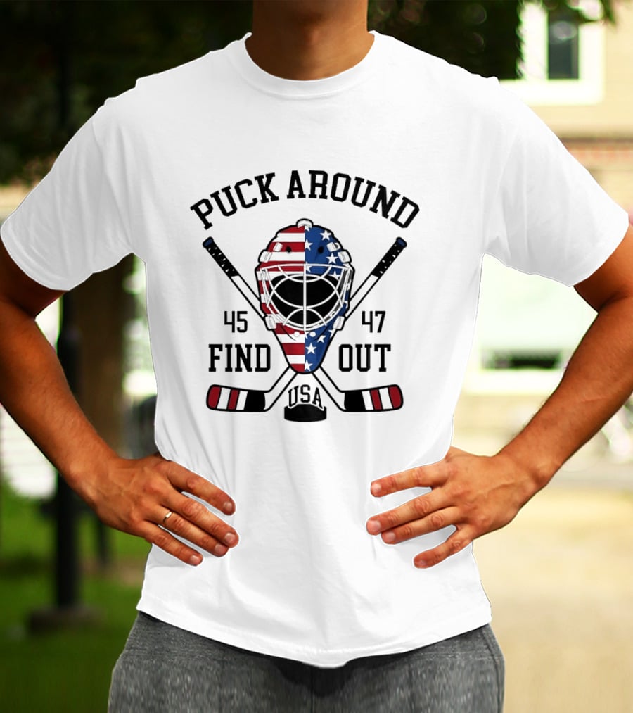 Puck Around Find Out USA Stars Stripes Helmet 45 47 Hockey T-Shirt