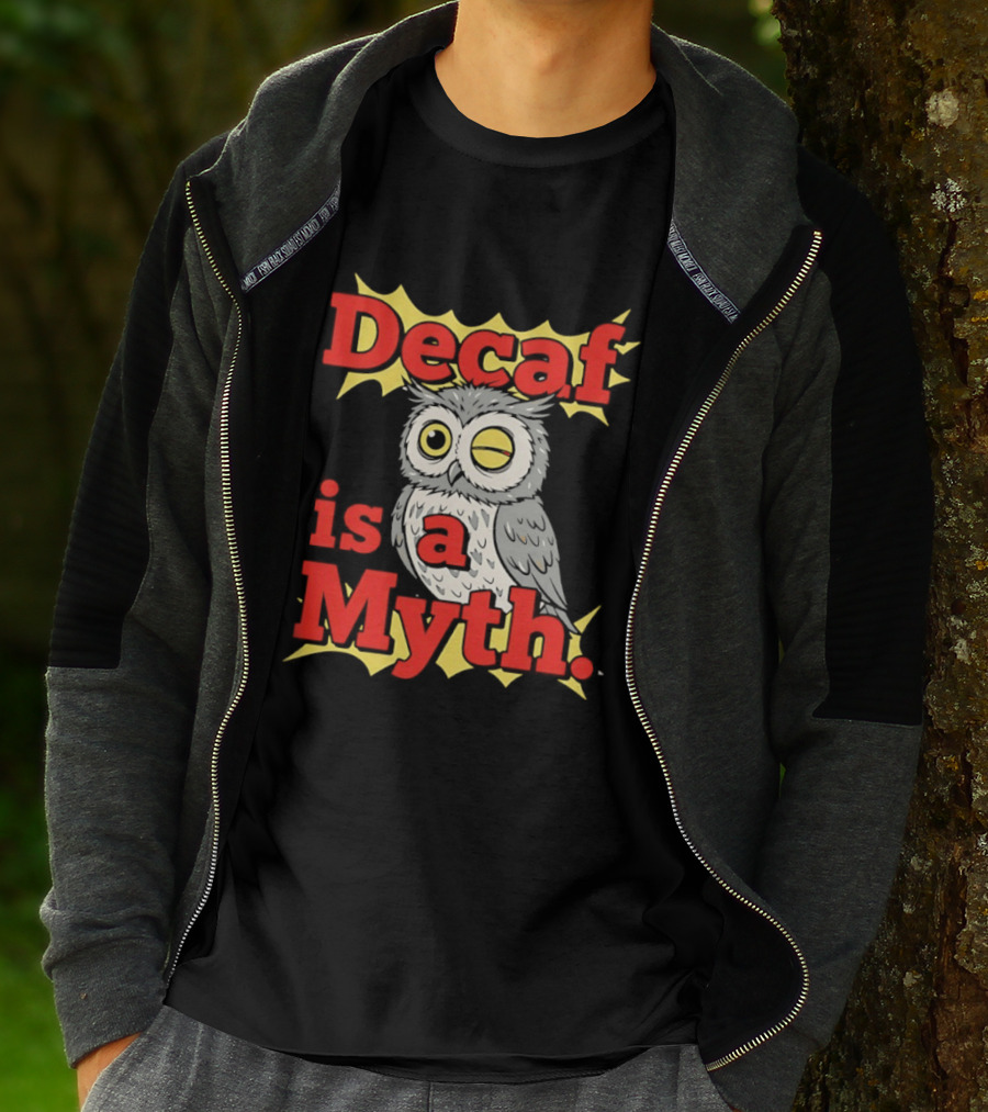 Decaf Is A Myth Owl Winking One Eye Yellow Stars T-Shirt