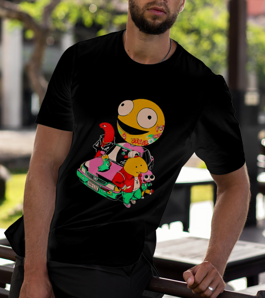 Pac Man Inspired Japanese Characters And Vintage Car Adventure T-Shirt