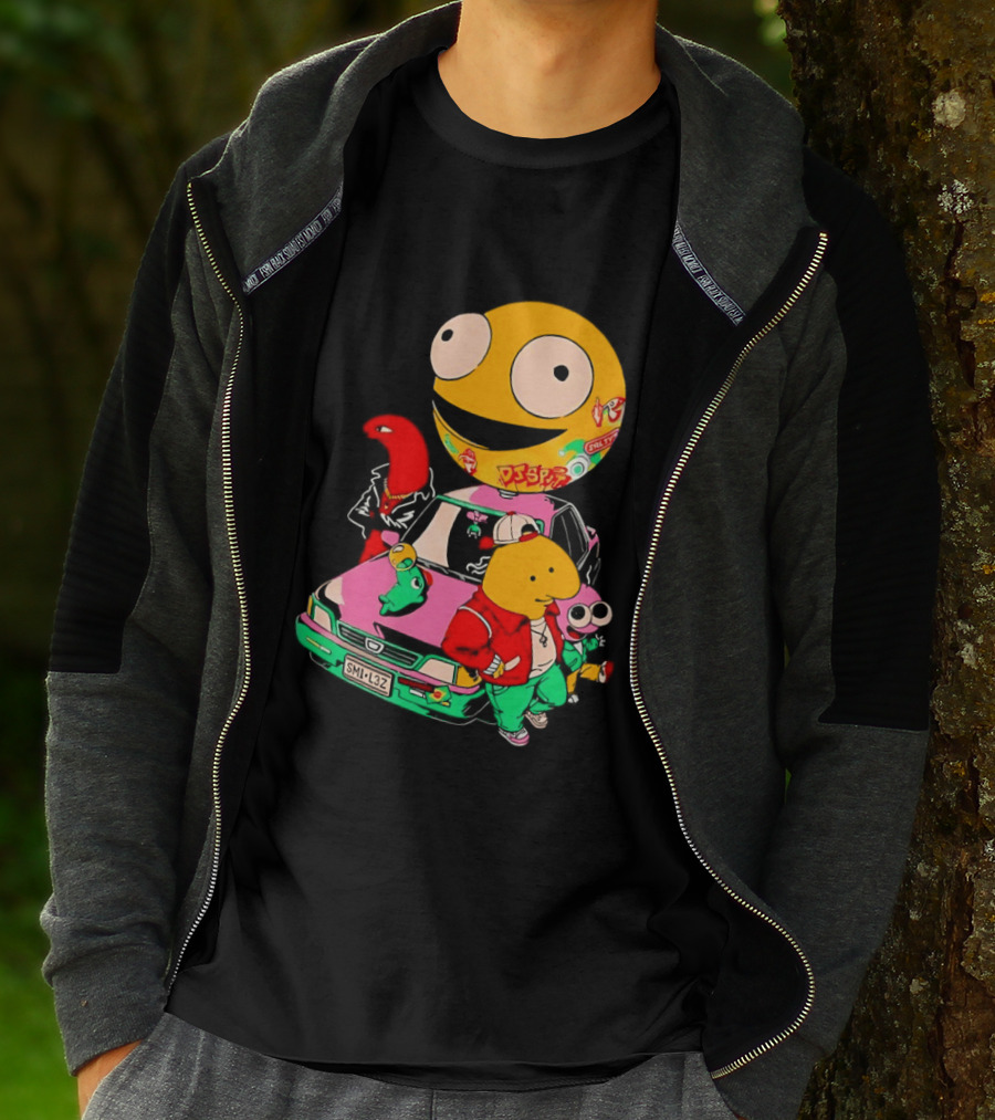 Pac Man Inspired Japanese Characters And Vintage Car Adventure T-Shirt