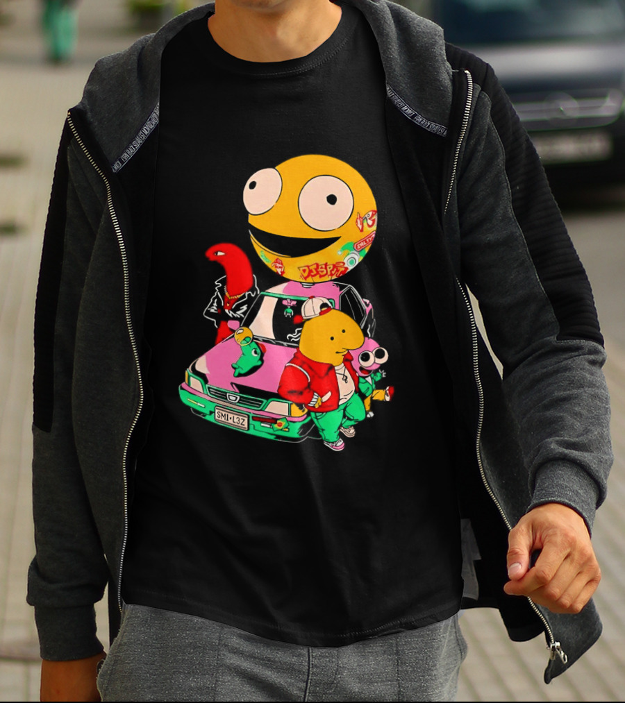 Pac Man Inspired Japanese Characters And Vintage Car Adventure T-Shirt