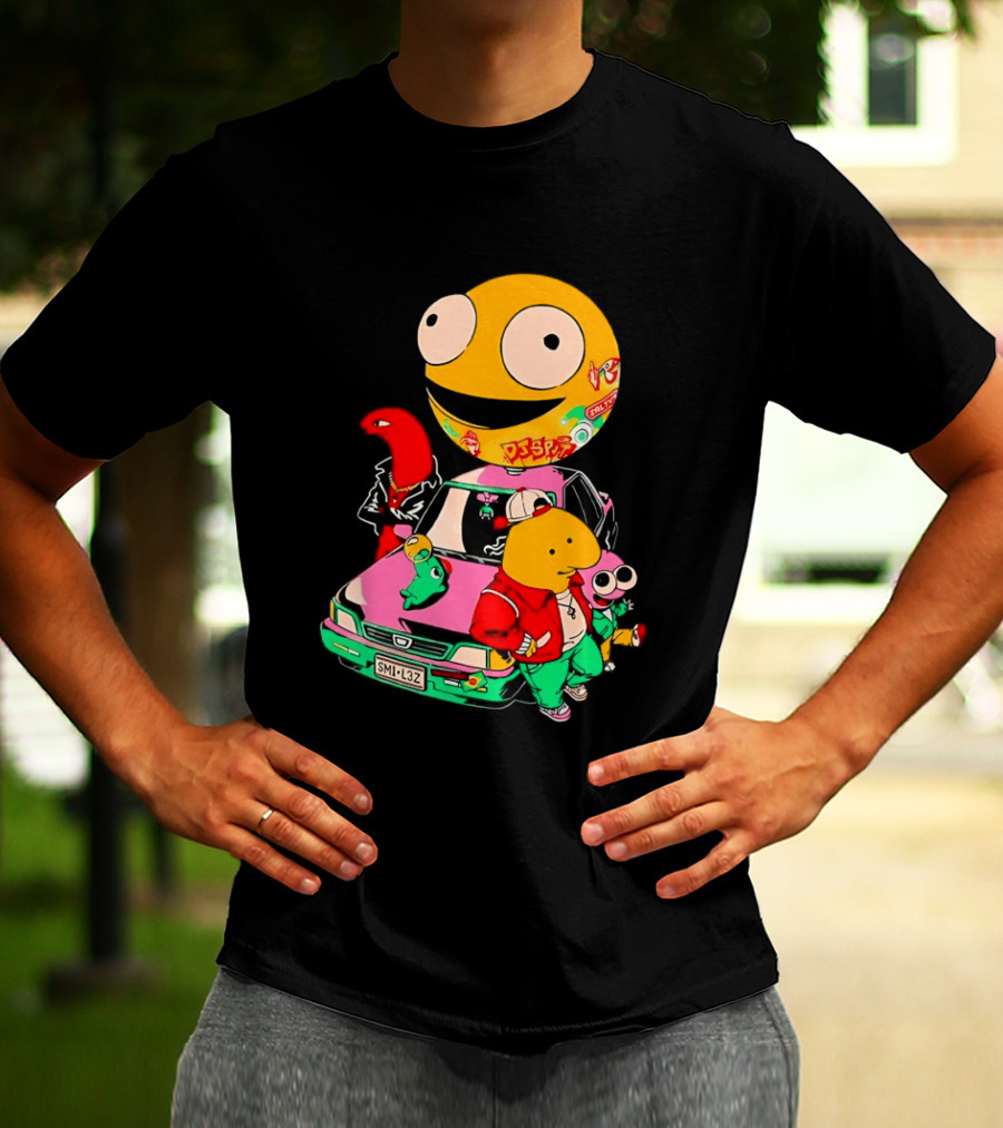 Pac Man Inspired Japanese Characters And Vintage Car Adventure T-Shirt