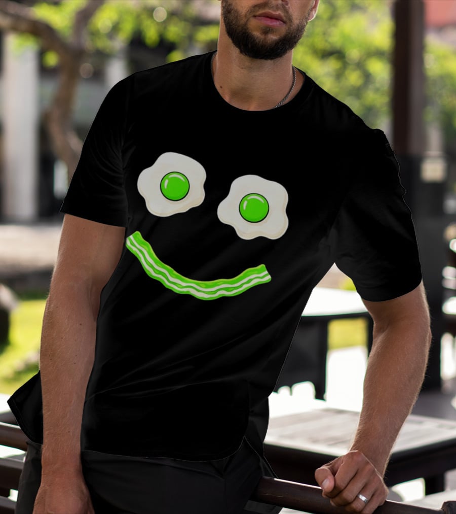 Green Smile Face Eggs And Bacon Ham Breakfast Fun Food Expression T-Shirt