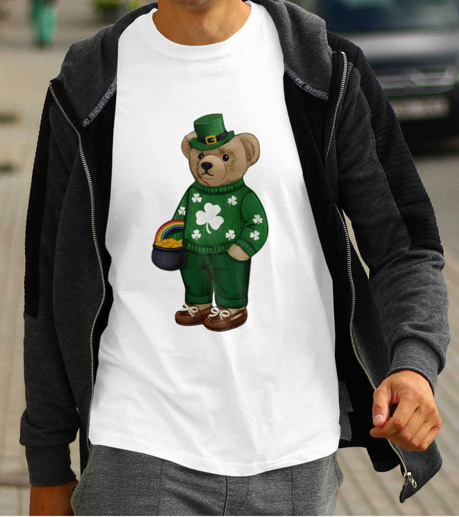 Lucky Teddy Bear Irish St Patricks Day Clover Rainbow Pot Of Gold T-Shirt